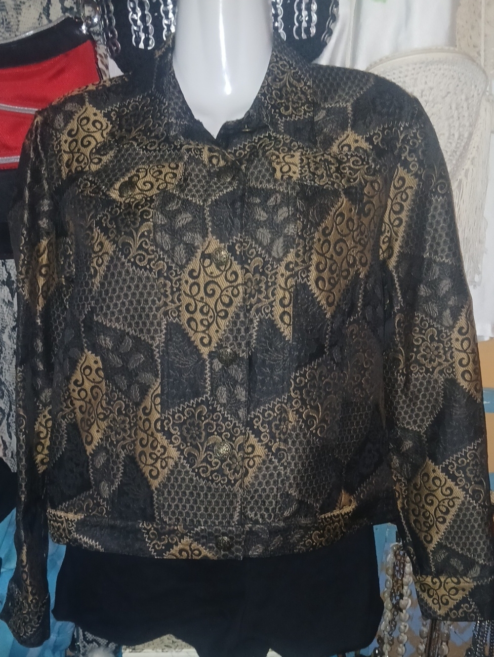 Ruby Rd. Black and Gold Patterned Jean Jacket